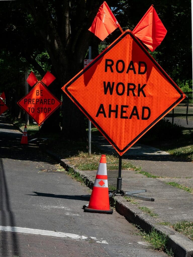Road work ahead sign for freeway improvement contractor project